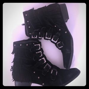 Fringed Black Ankle Boots with Buckles Size 8